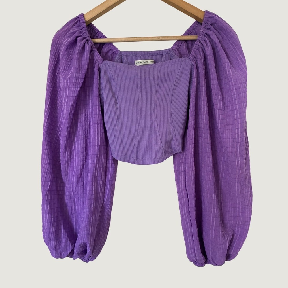Urban Outfitters Cottagecore Purple  Puff Sleeve Crop Top Ribbed Square Neck XS
